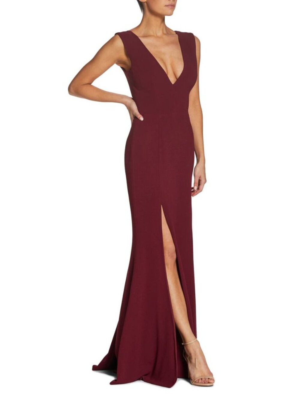 🆕DRESS THE POPULATION Plunge Sandra Trumpet Gown Dress Burgundy Medium 6 - Picture 2 of 12